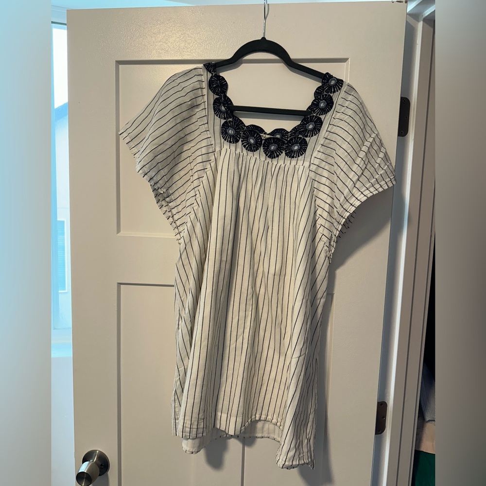 Madewell Black and White Striped Blouse with Floral Detail